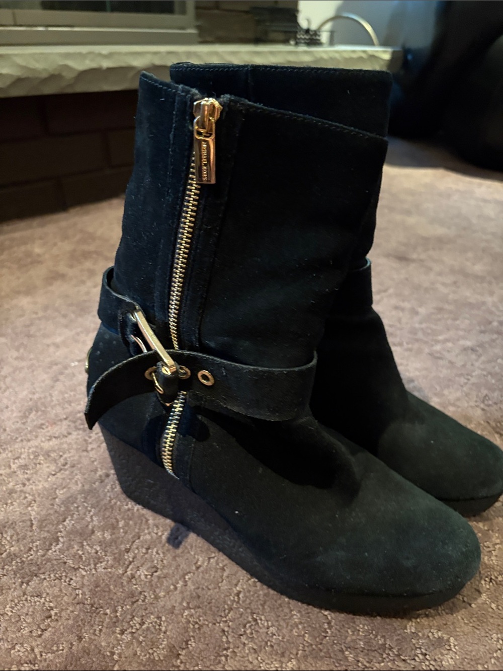 Michael Kors Black Suede Wedge Ankle Boots with Gold Hardware